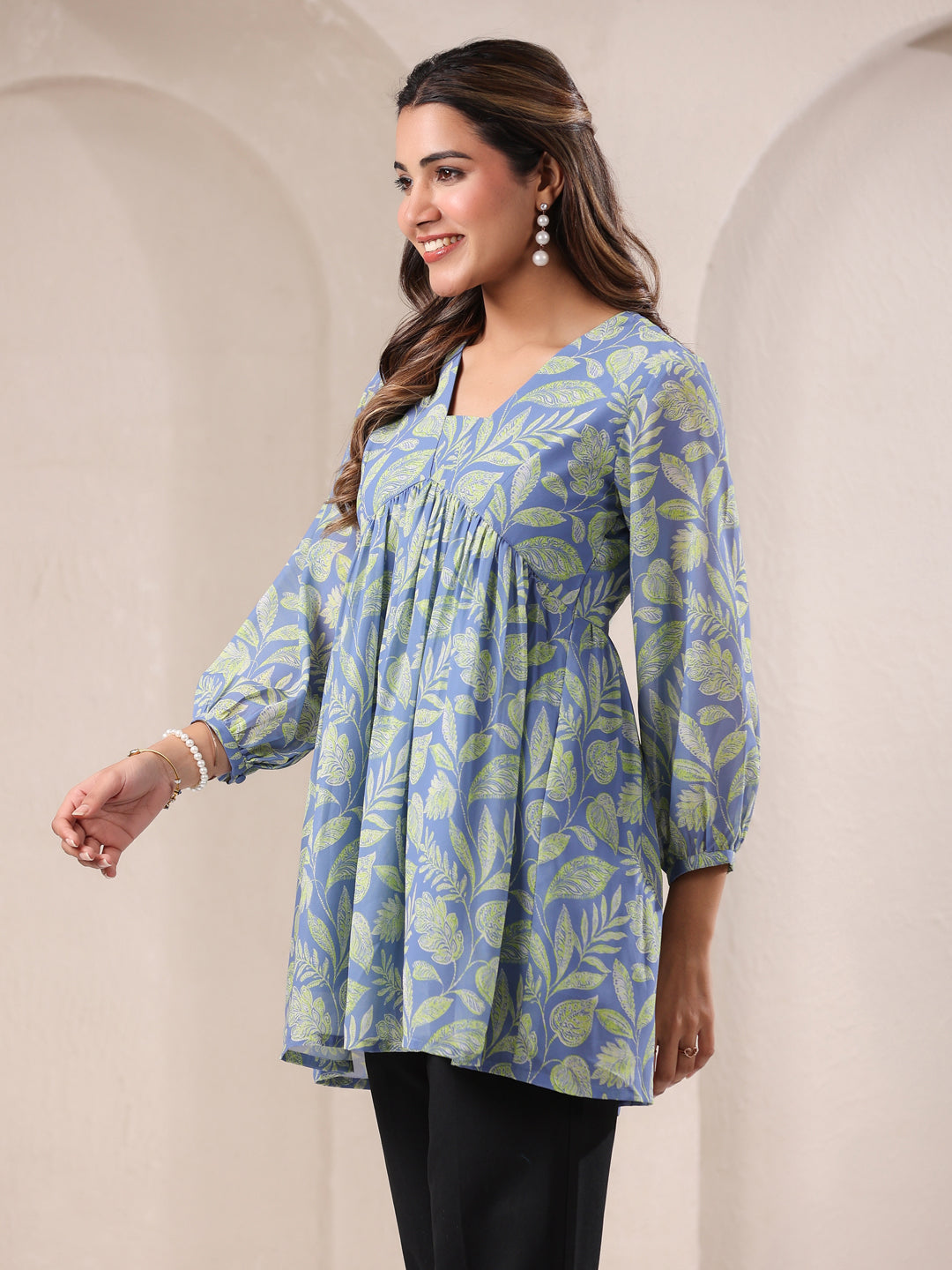 Light Blue Georgette Tropical Printed A-Line Tunic