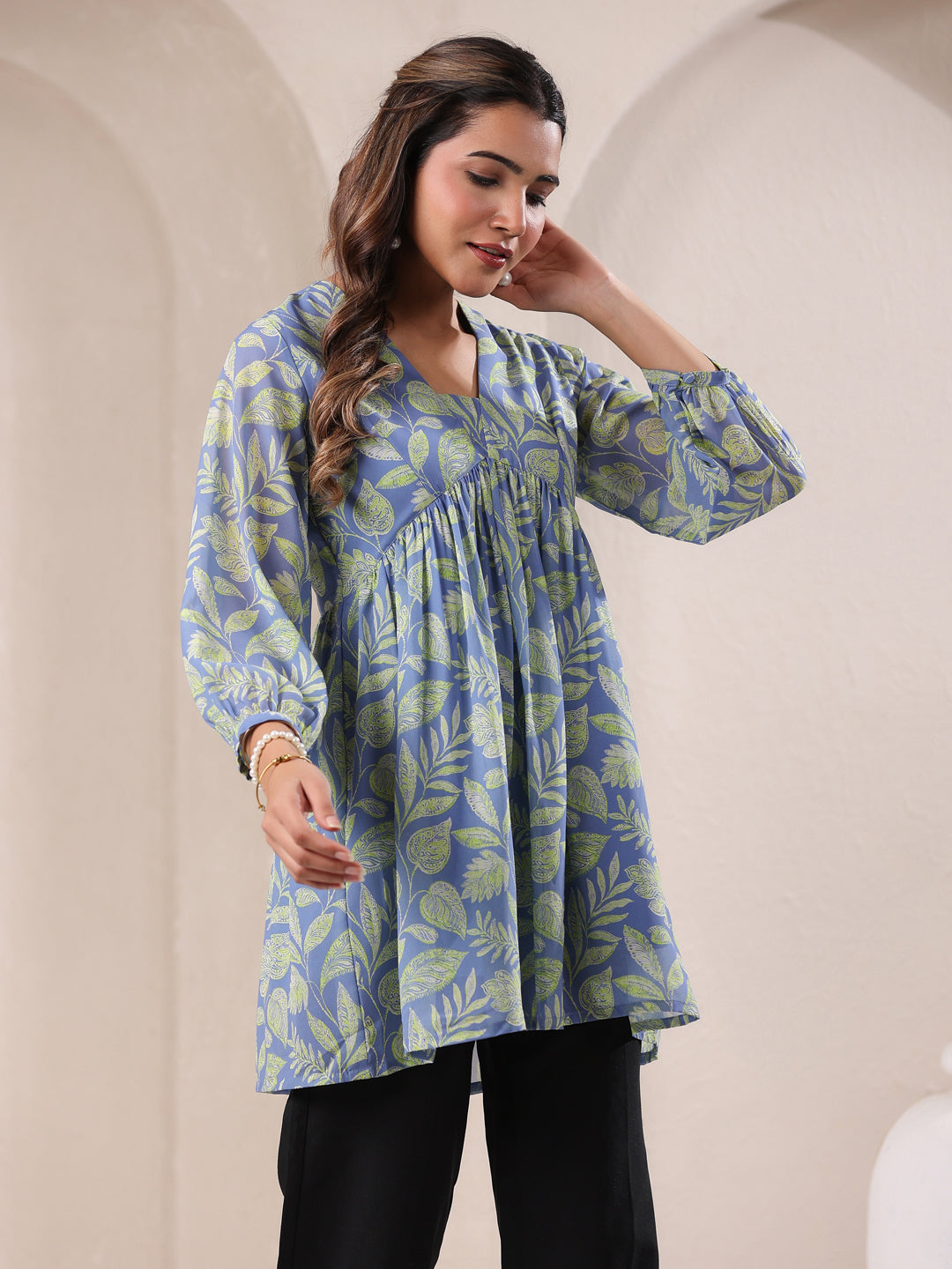 Light Blue Georgette Tropical Printed A-Line Tunic