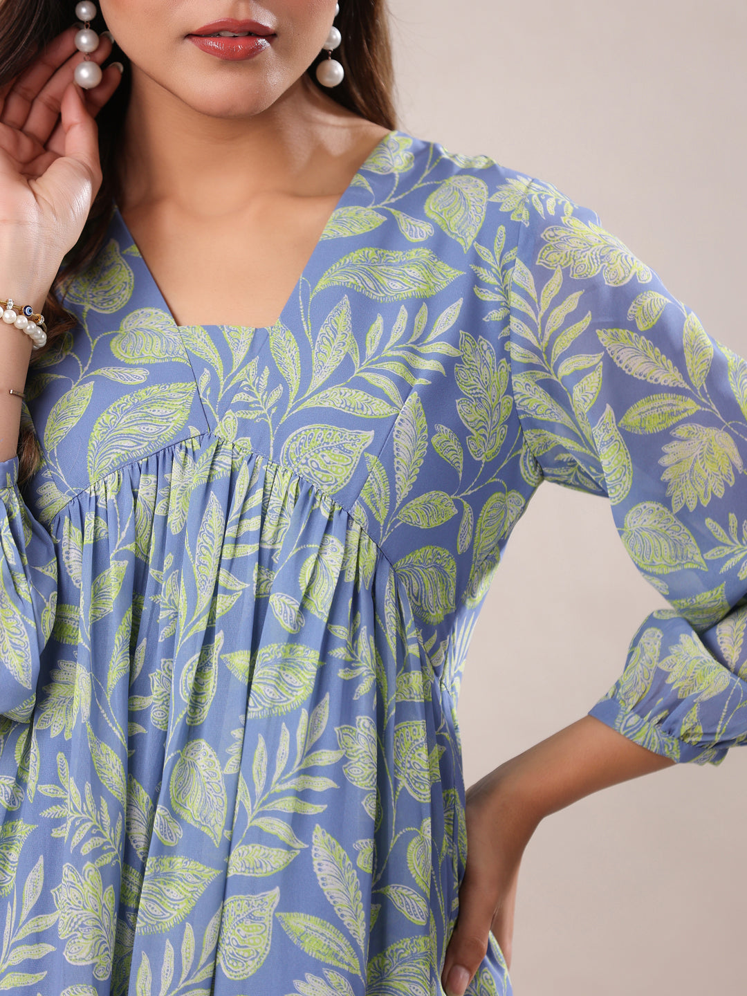 Light Blue Georgette Tropical Printed A-Line Tunic