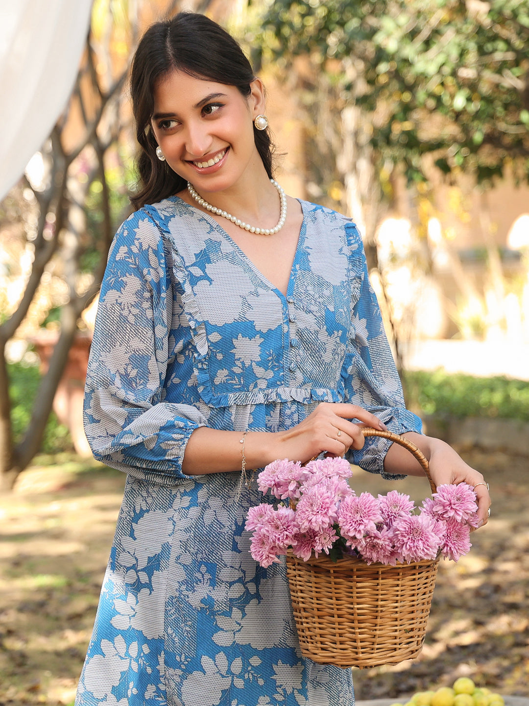 Blue Georgette Floral Printed A-Line Tunic