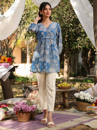 Blue Georgette Floral Printed A-Line Tunic