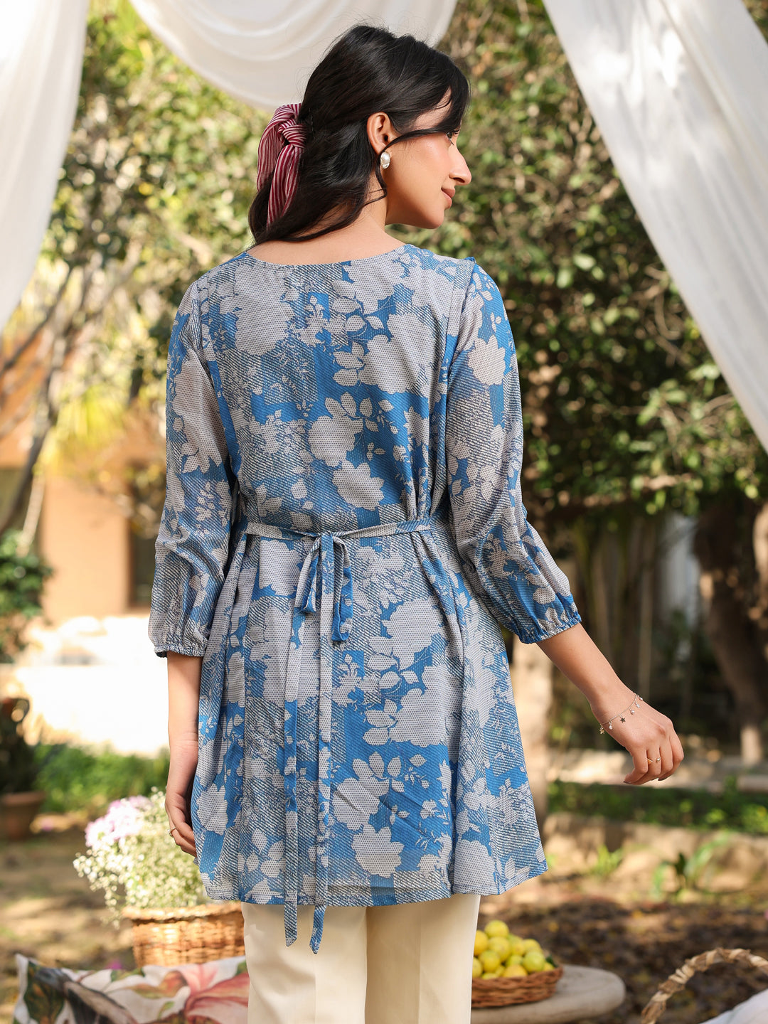 Blue Georgette Floral Printed A-Line Tunic