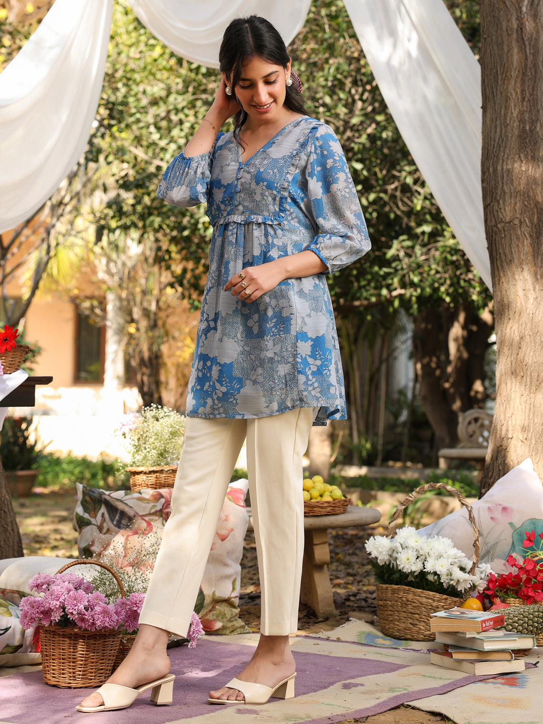 Blue Georgette Floral Printed A-Line Tunic