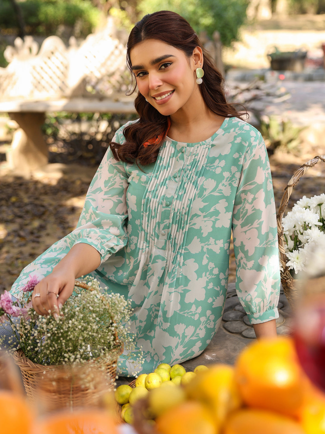 Green Georgette Floral Printed A-Line Tunic