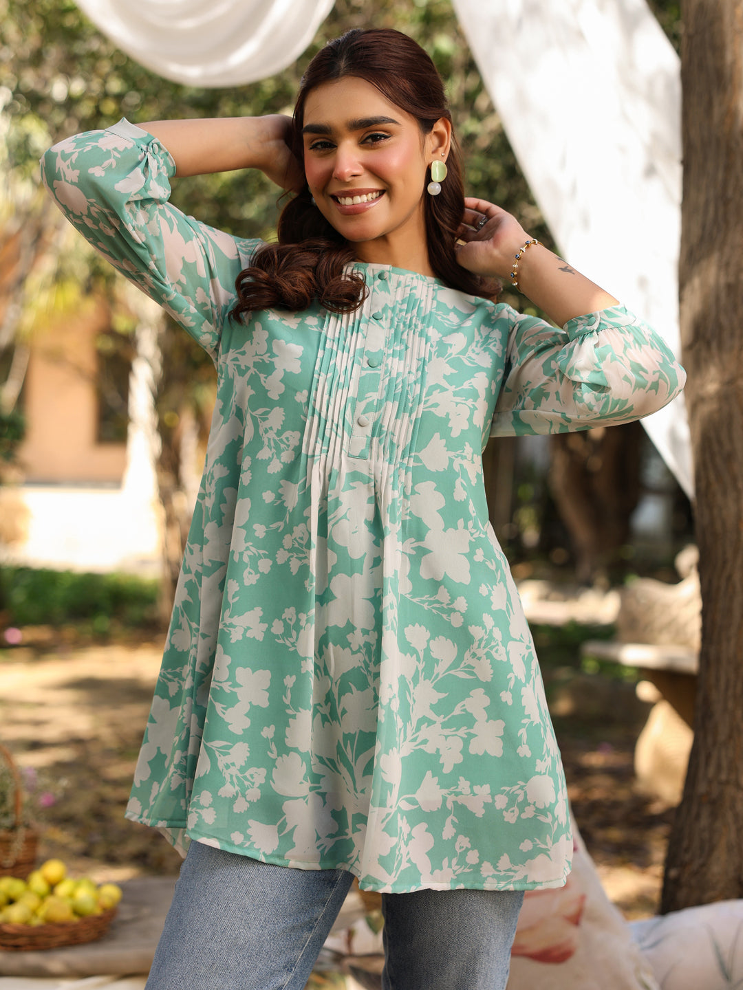 Green Georgette Floral Printed A-Line Tunic