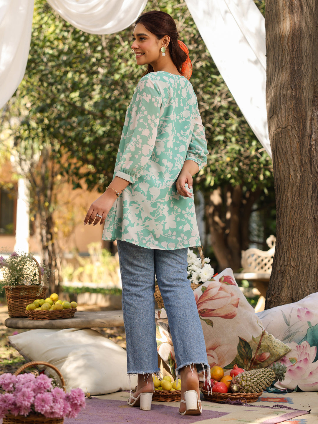 Green Georgette Floral Printed A-Line Tunic