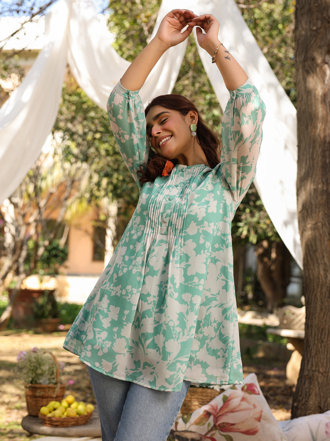 Green Georgette Floral Printed A-Line Tunic