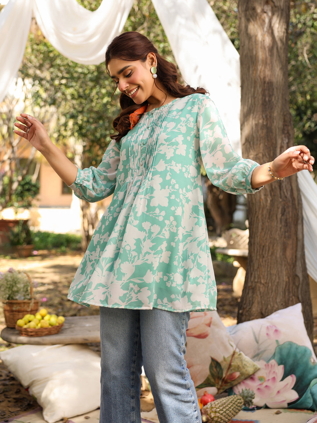 Green Georgette Floral Printed A-Line Tunic