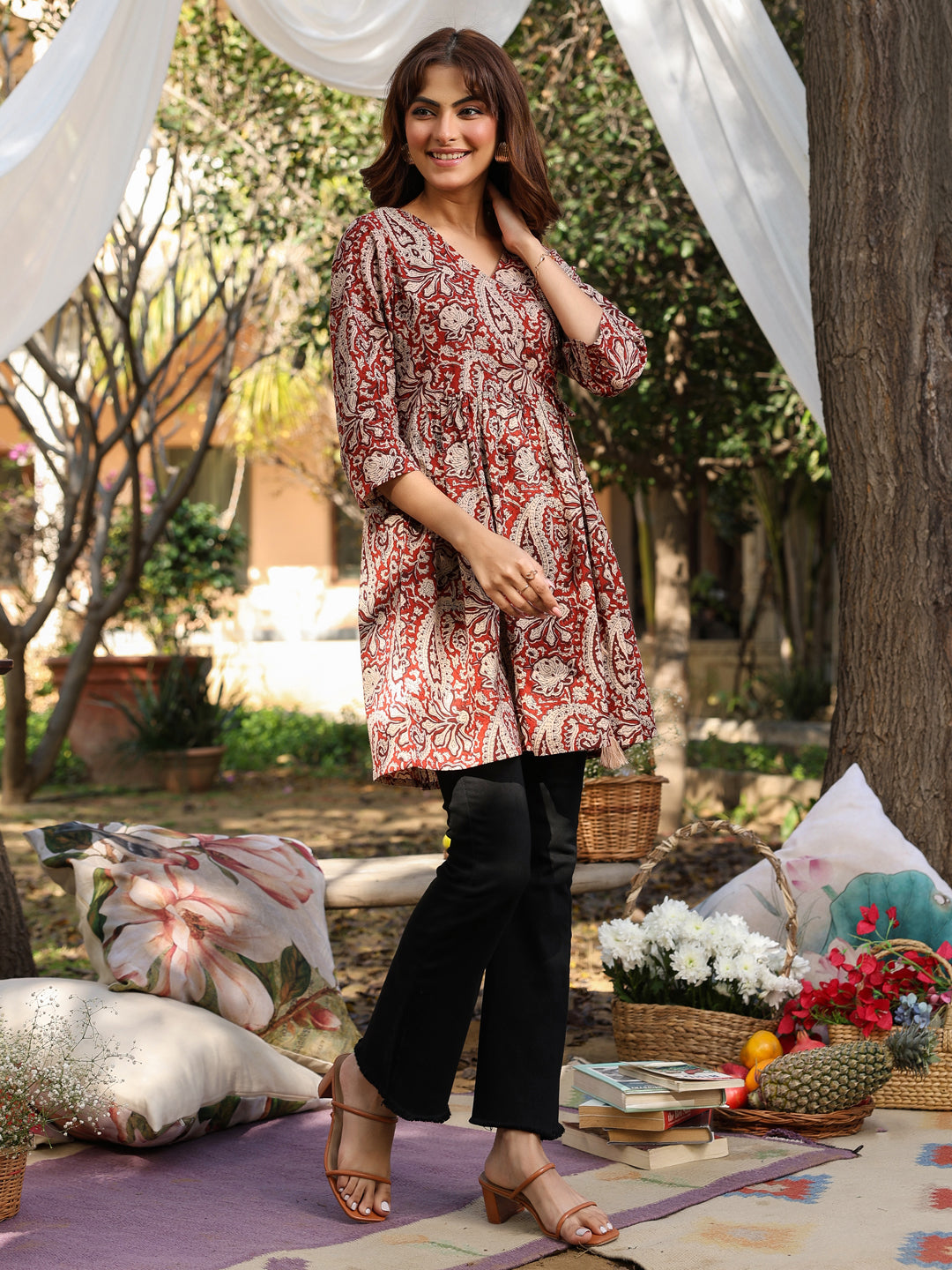 Maroon Pure Cotton Paisley Printed A-line Tunic