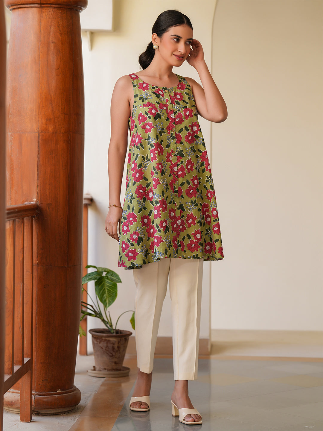 Olive Green Pure Cotton Floral Printed A-line Tunic