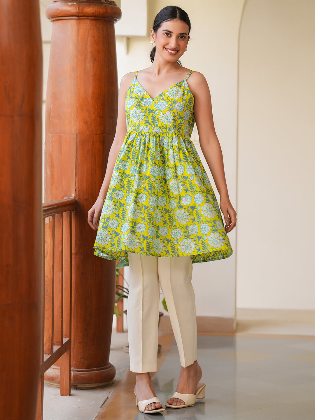 Lime Pure Cotton Floral Printed A-Line Tunic