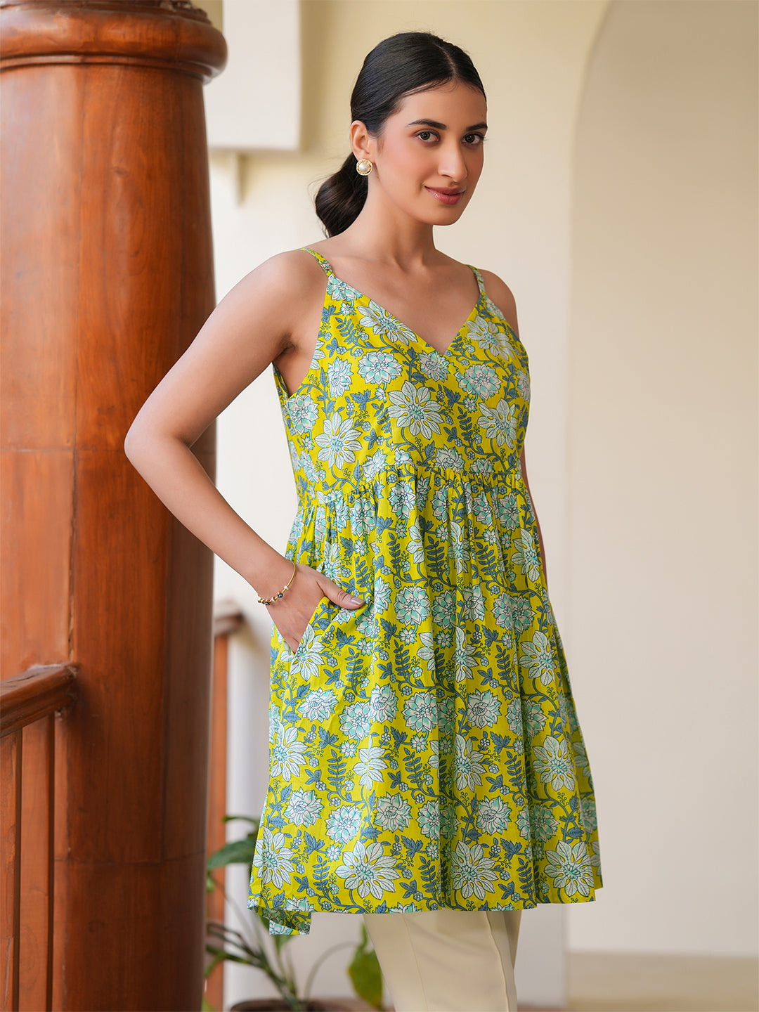 Lime Pure Cotton Floral Printed A-Line Tunic