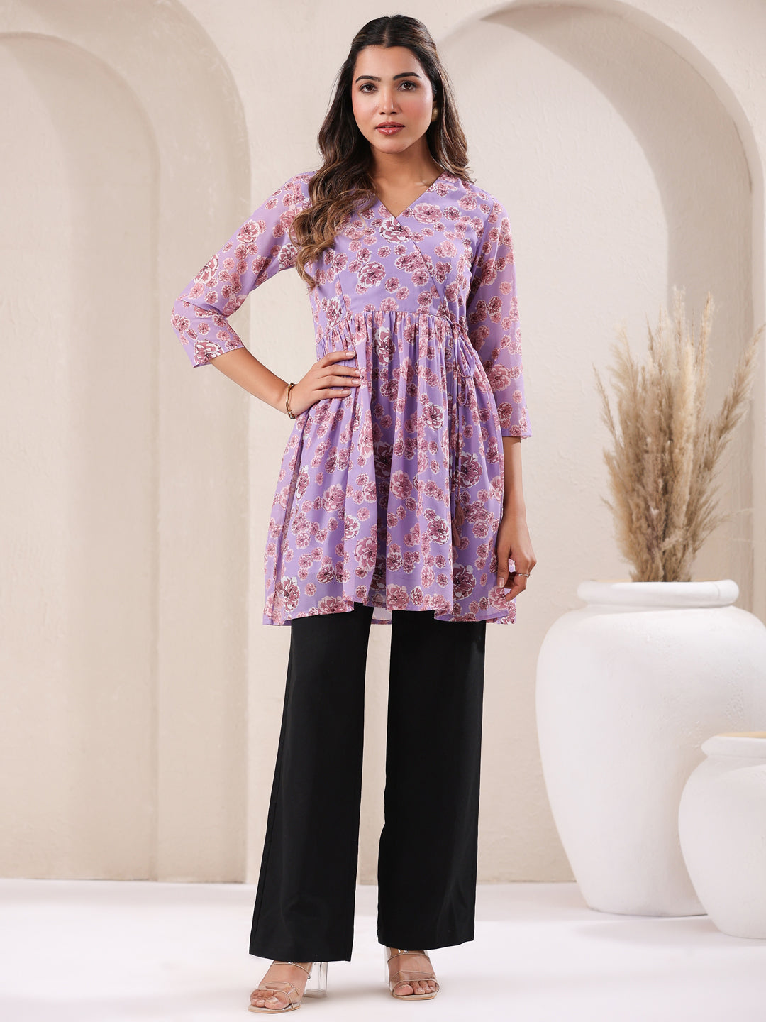 Lavender Georgette Floral Printed A-Line Tunic