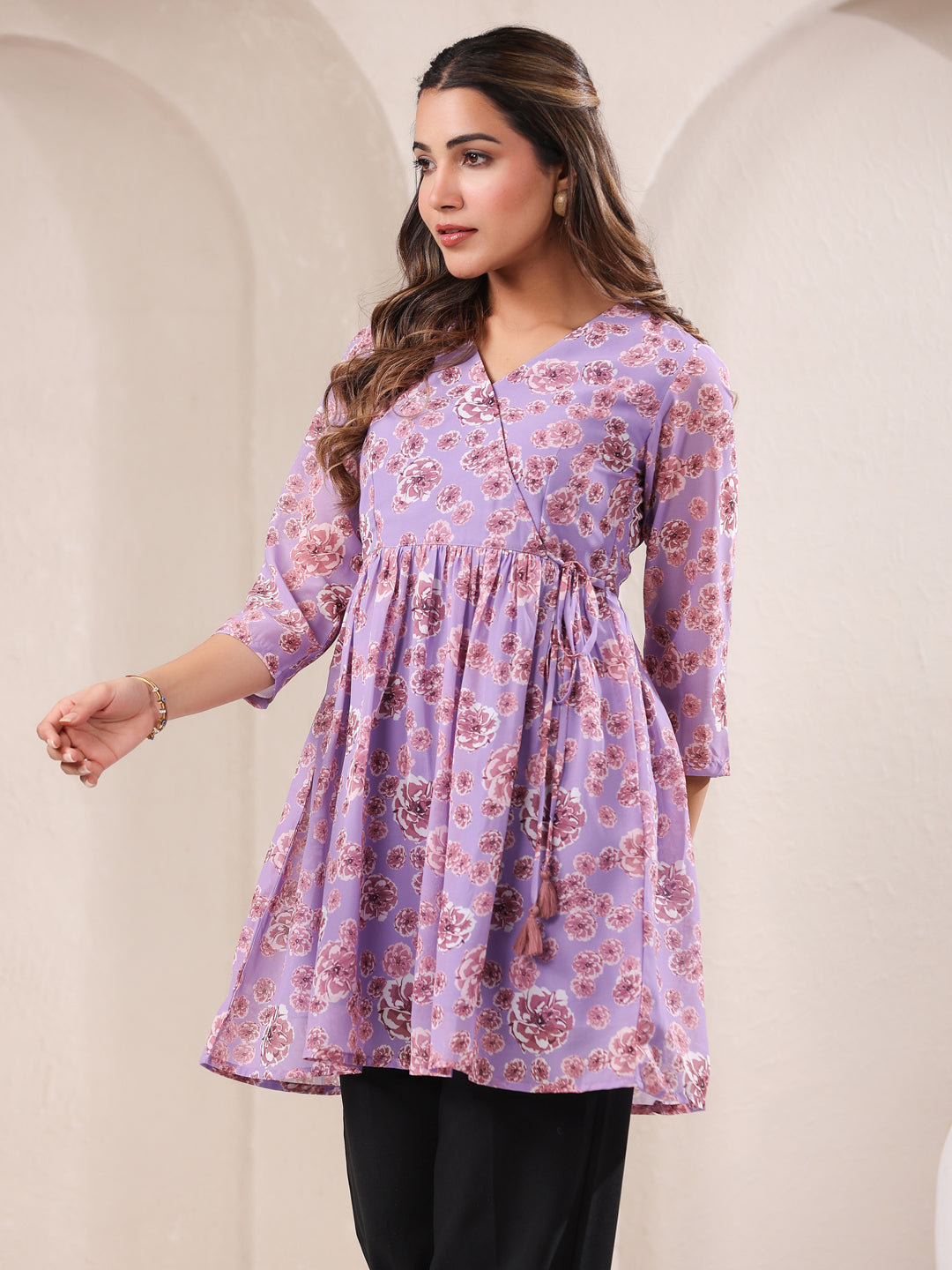 Lavender Georgette Floral Printed A-Line Tunic