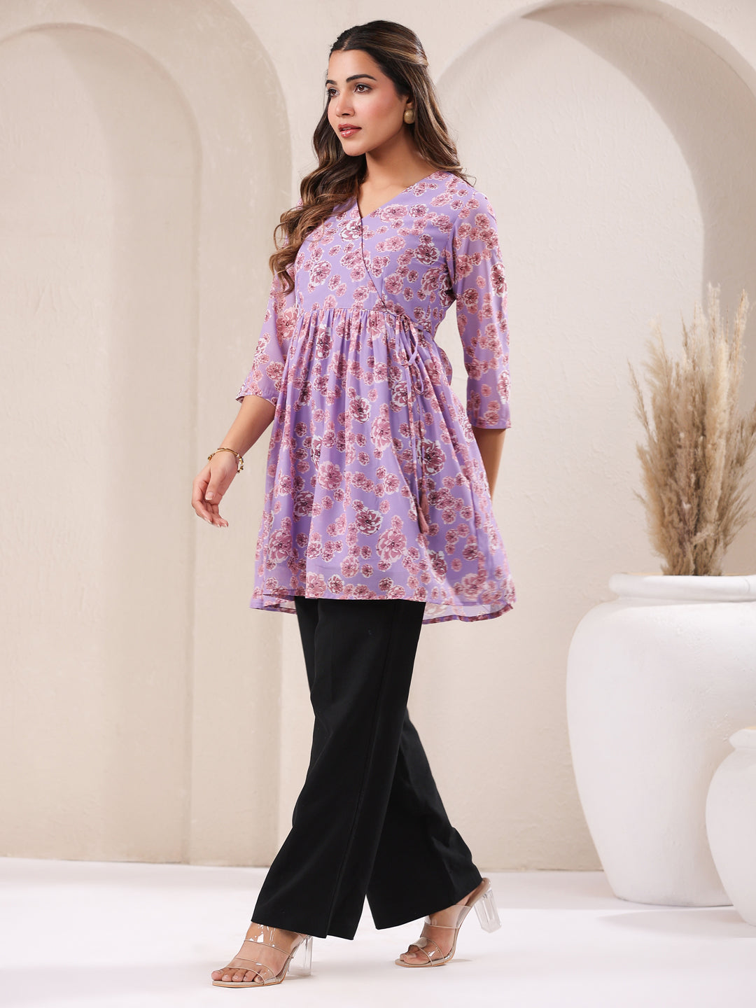 Lavender Georgette Floral Printed A-Line Tunic