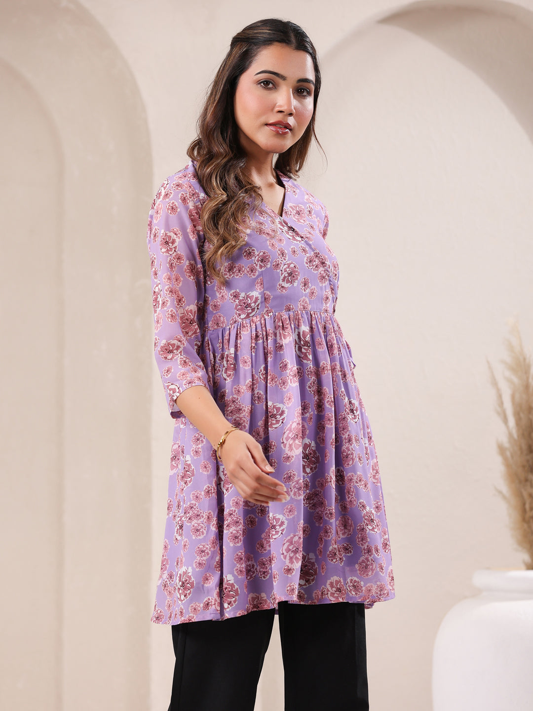 Lavender Georgette Floral Printed A-Line Tunic