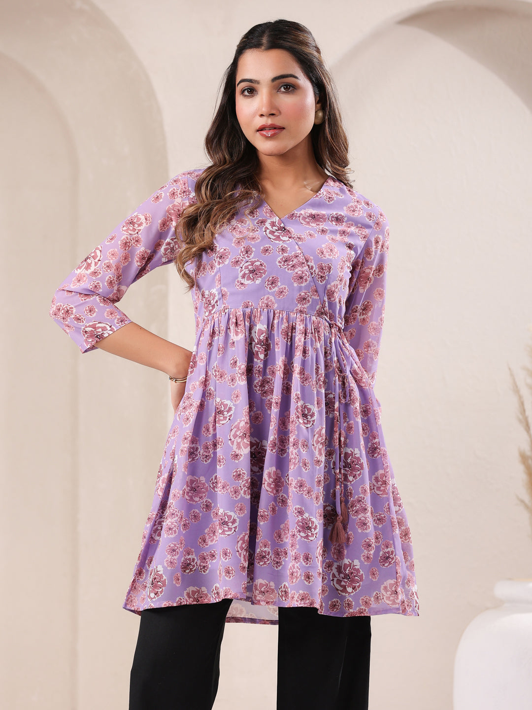 Lavender Georgette Floral Printed A-Line Tunic