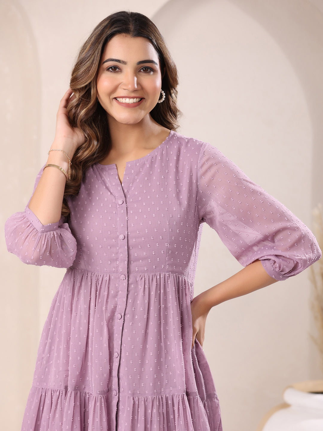 Lavender Dobby Chiffon Self Design Tiered Tunic