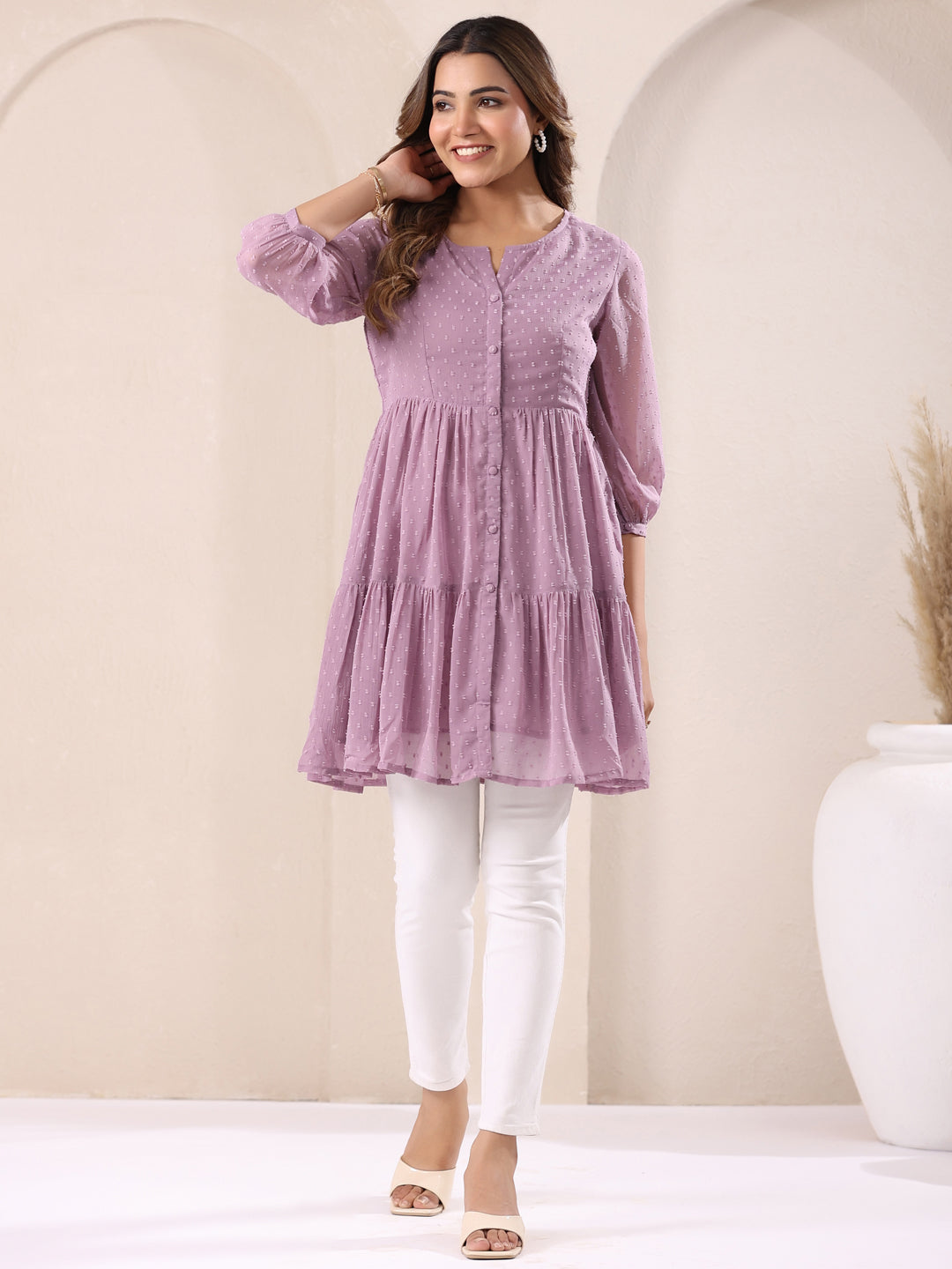 Lavender Dobby Chiffon Self Design Tiered Tunic