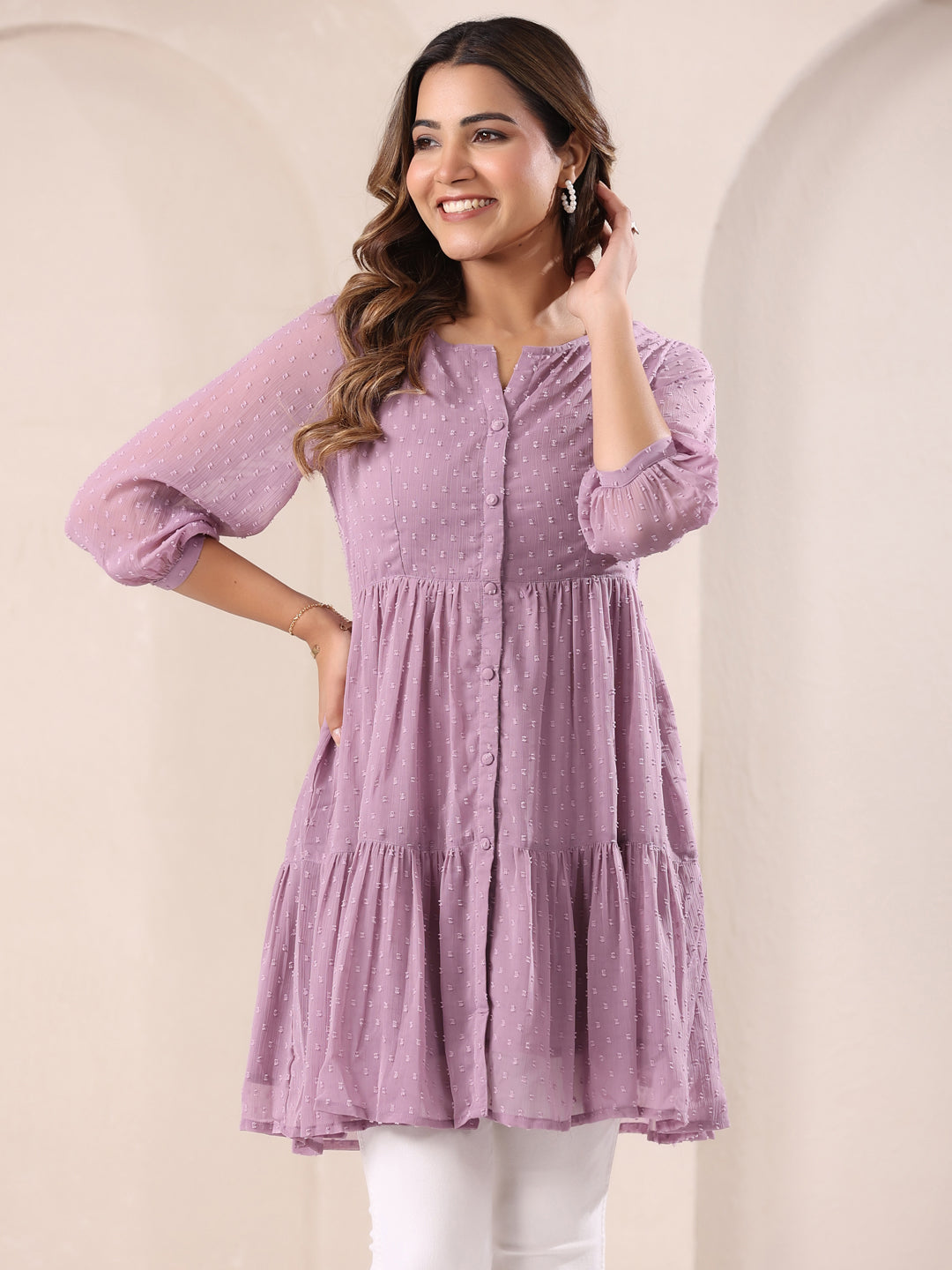 Lavender Dobby Chiffon Self Design Tiered Tunic