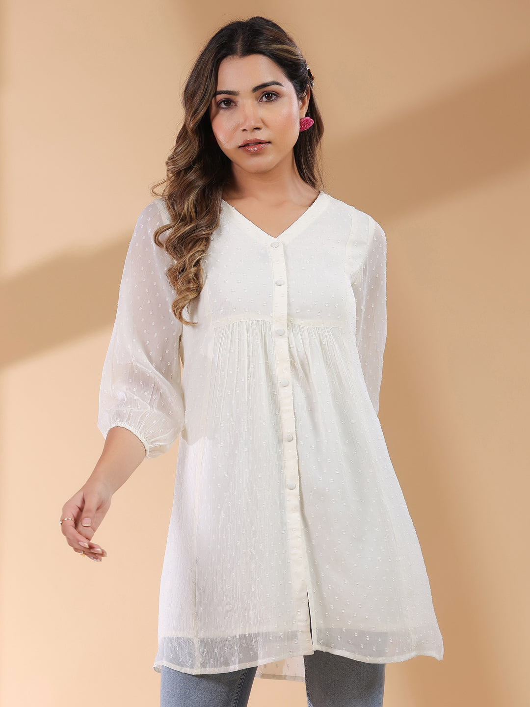 Off White Chiffon Self Design A-Line Tunic