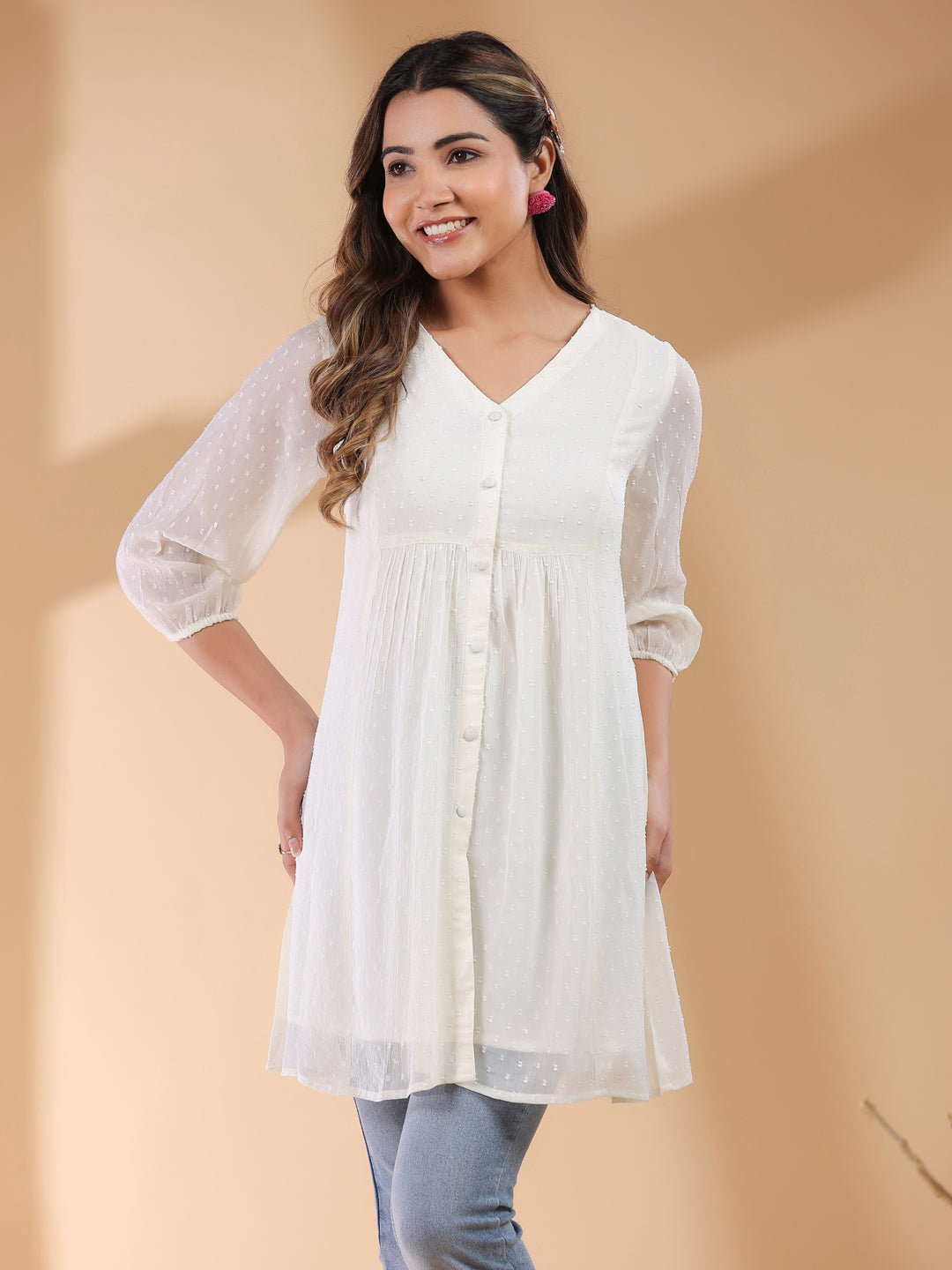 Off White Chiffon Self Design A-Line Tunic