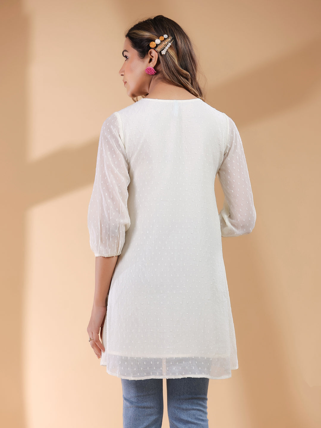 Off White Chiffon Self Design A-Line Tunic