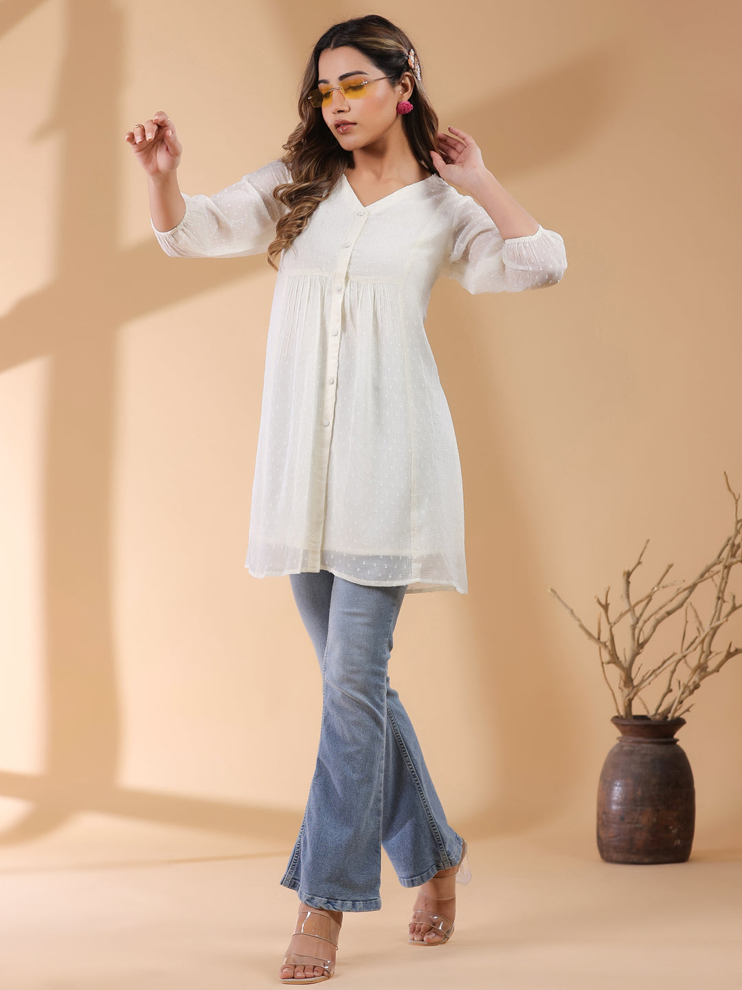 Off White Chiffon Self Design A-Line Tunic