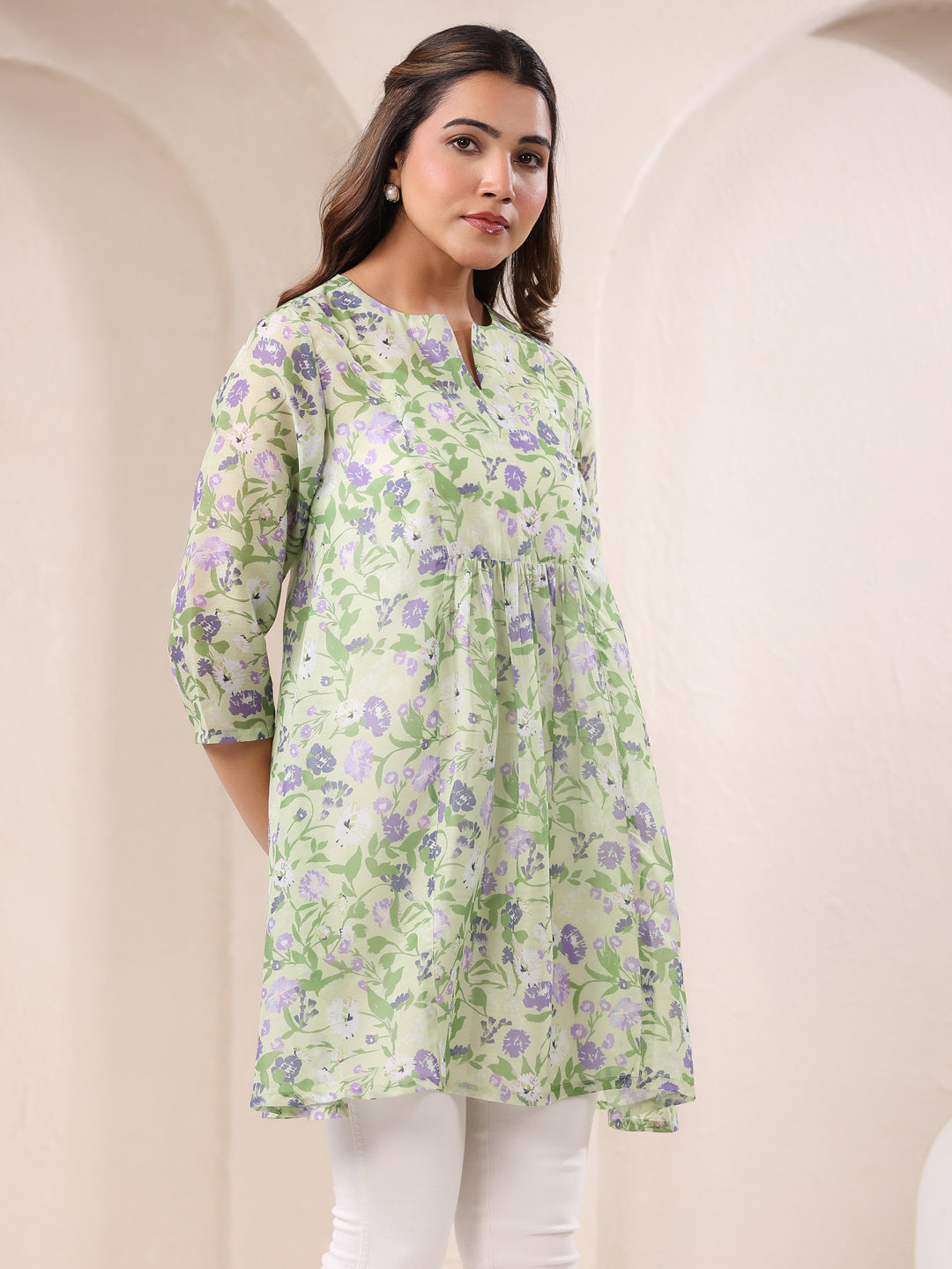 Green Pure Cotton Floral Printed A-Line Tunic