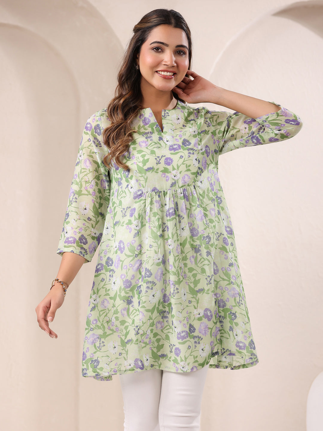 Green Pure Cotton Floral Printed A-Line Tunic