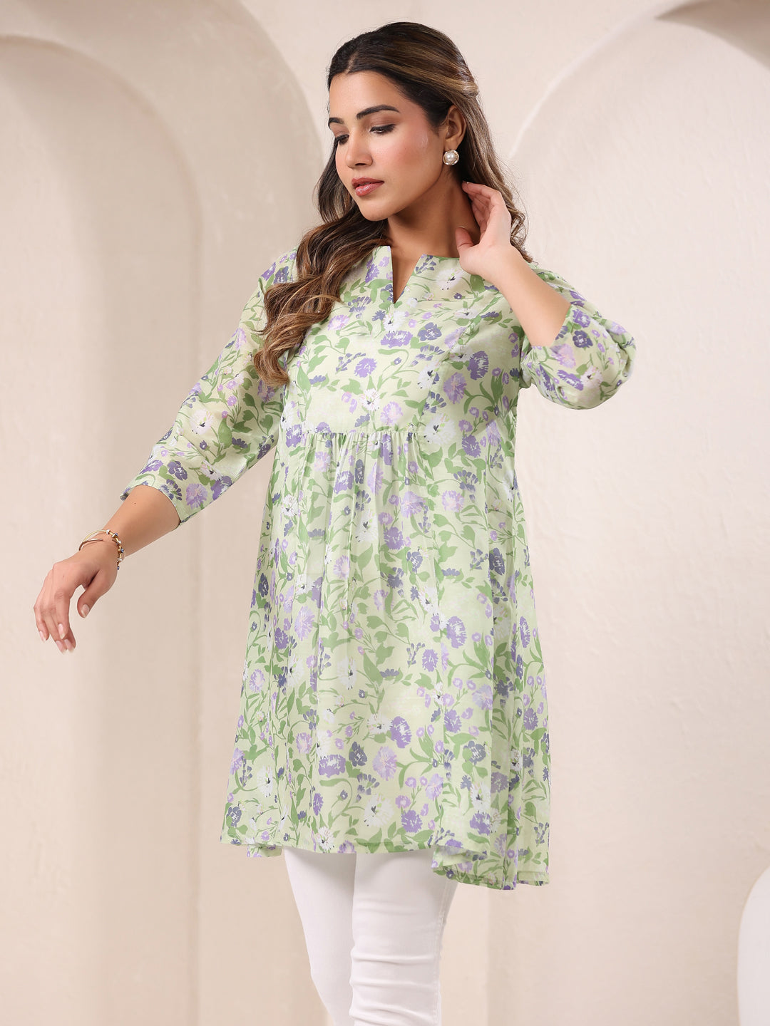 Green Pure Cotton Floral Printed A-Line Tunic