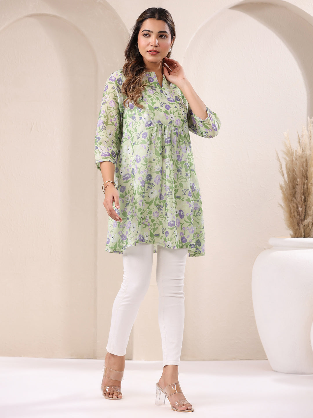 Green Pure Cotton Floral Printed A-Line Tunic