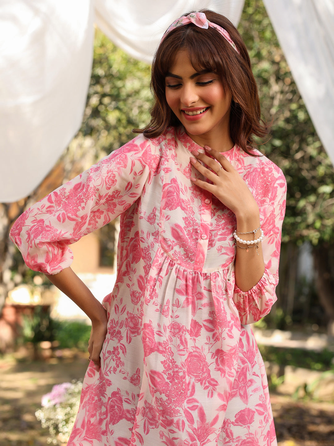 Cream Cotton Floral Printed A-line Tunic