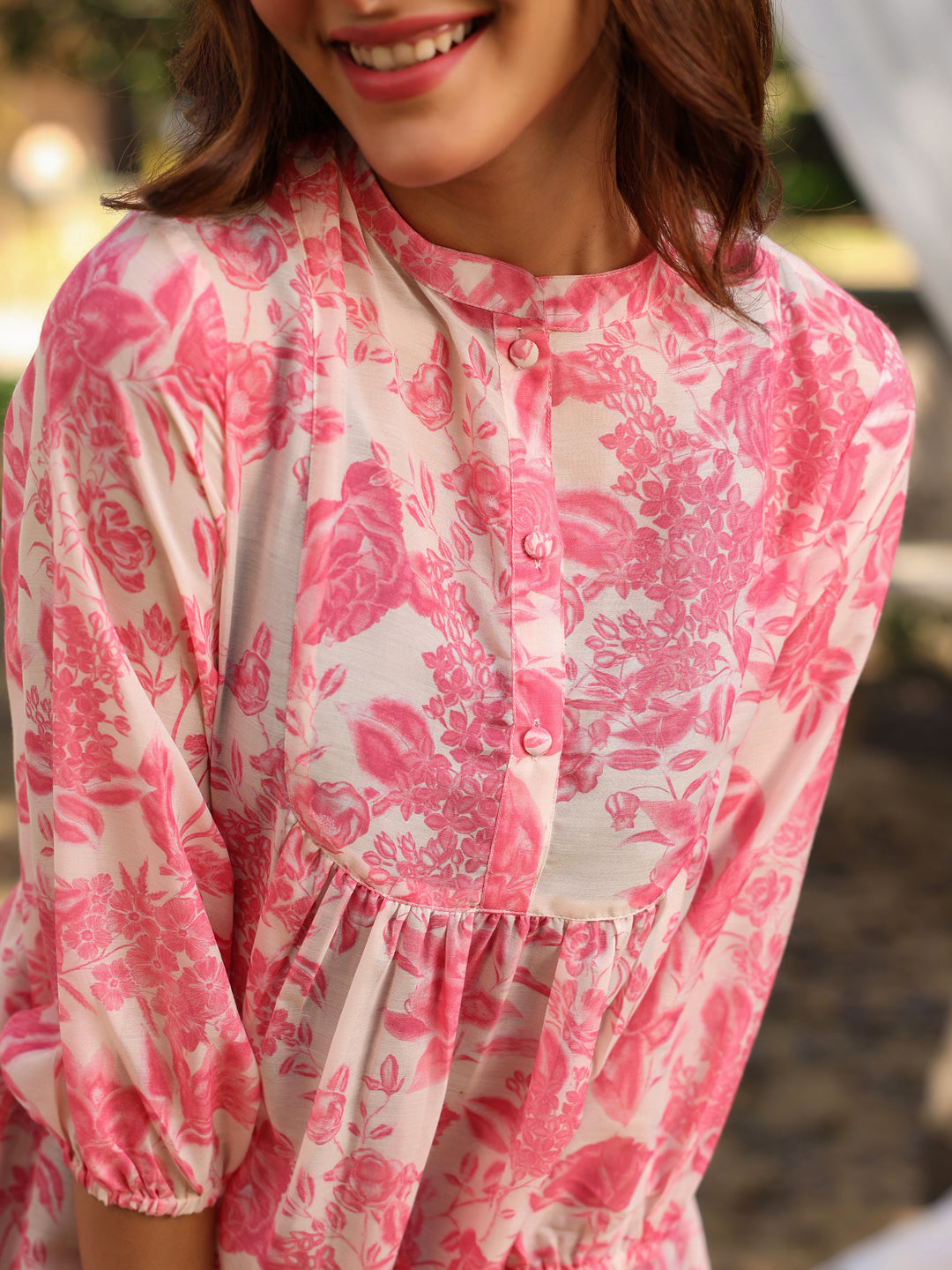 Cream Cotton Floral Printed A-line Tunic