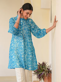 Blue Cotton Blend Floral Printed A-line Tunic