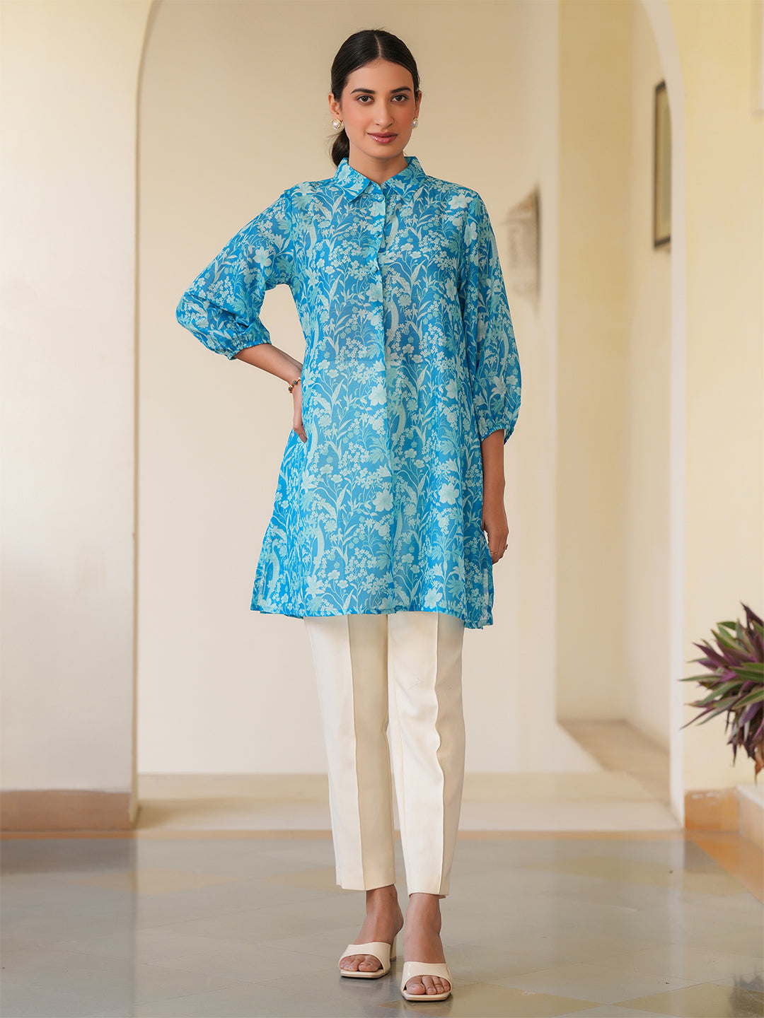 Blue Cotton Blend Floral Printed A-line Tunic