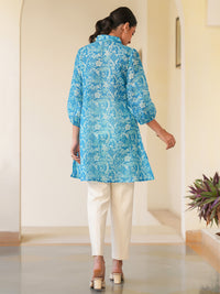 Blue Cotton Blend Floral Printed A-line Tunic