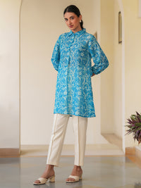 Blue Cotton Blend Floral Printed A-line Tunic