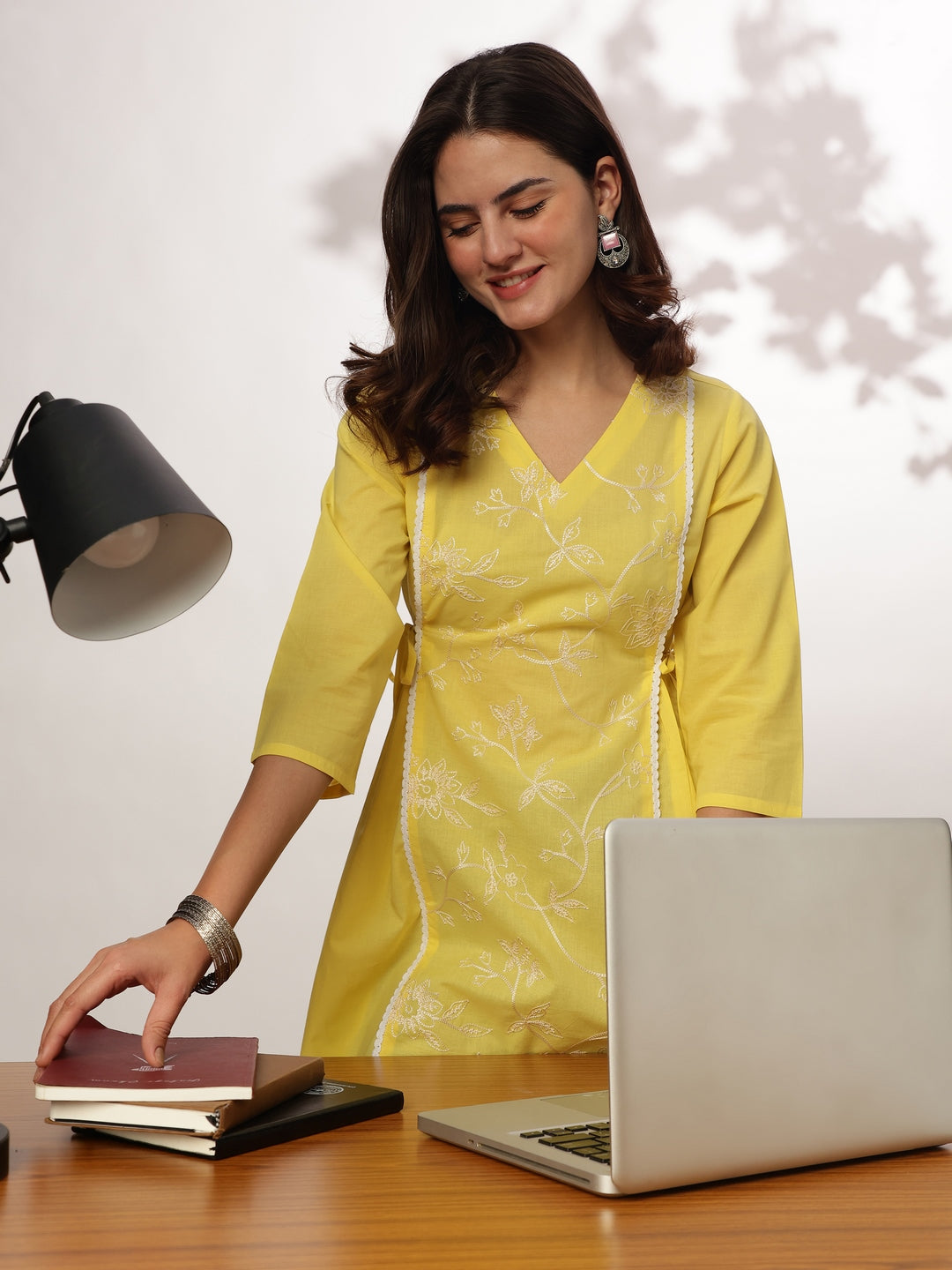 Janasya Women's Yellow Pure Cotton Embroidered A-line Tunic