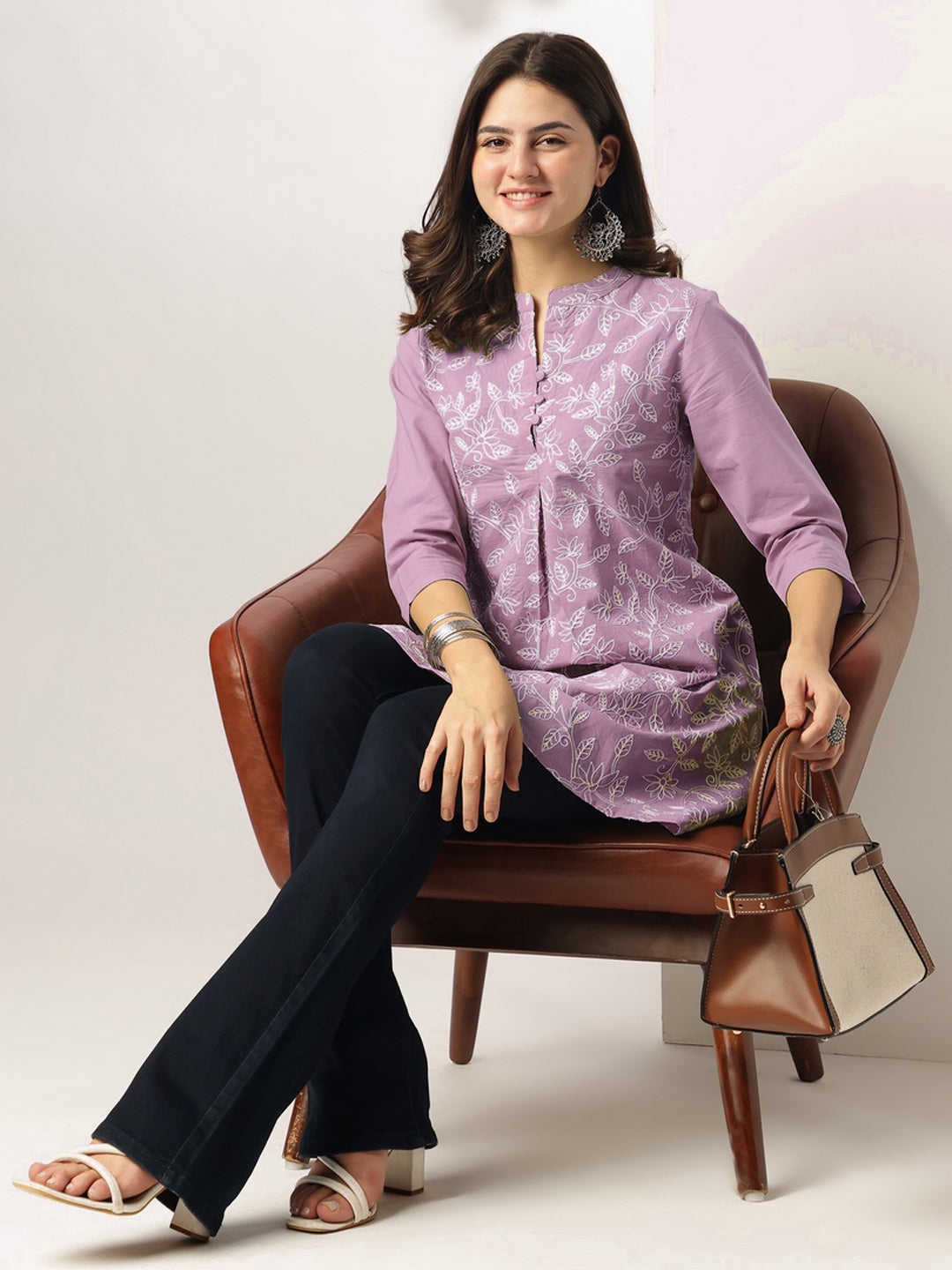 Janasya Women's Lavender Pure Cotton Chikankari Embroidered Straight Tunic