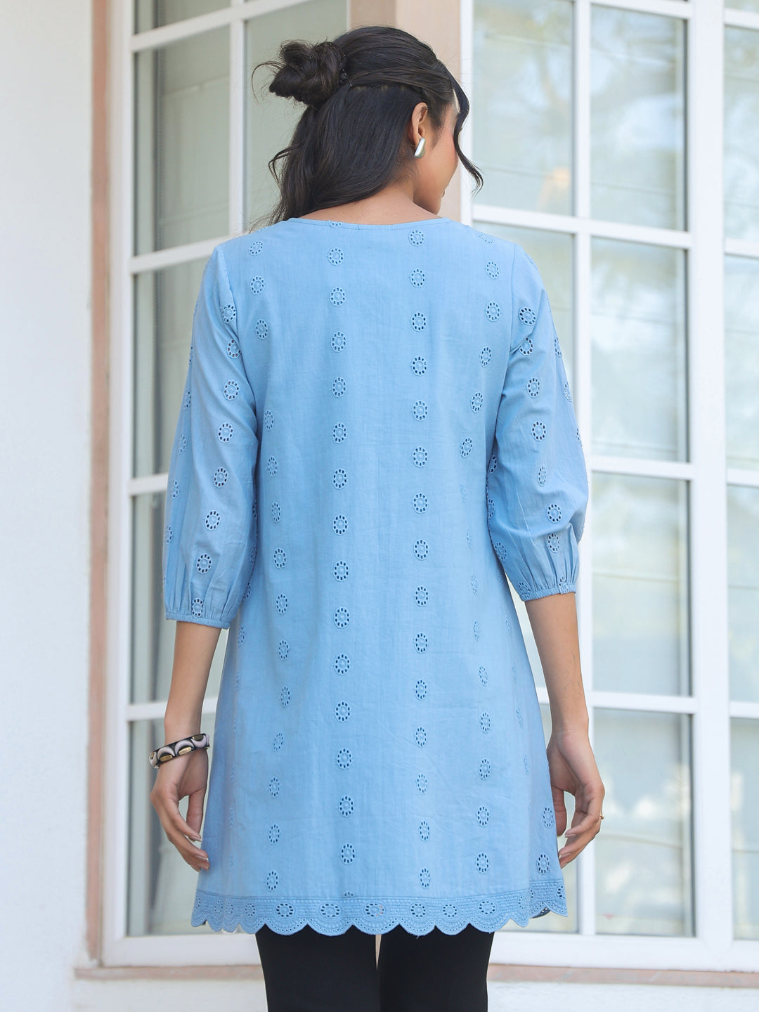 Janasya Women's Light Blue Pure Cotton Schiffli Embroidered A-line Tunic