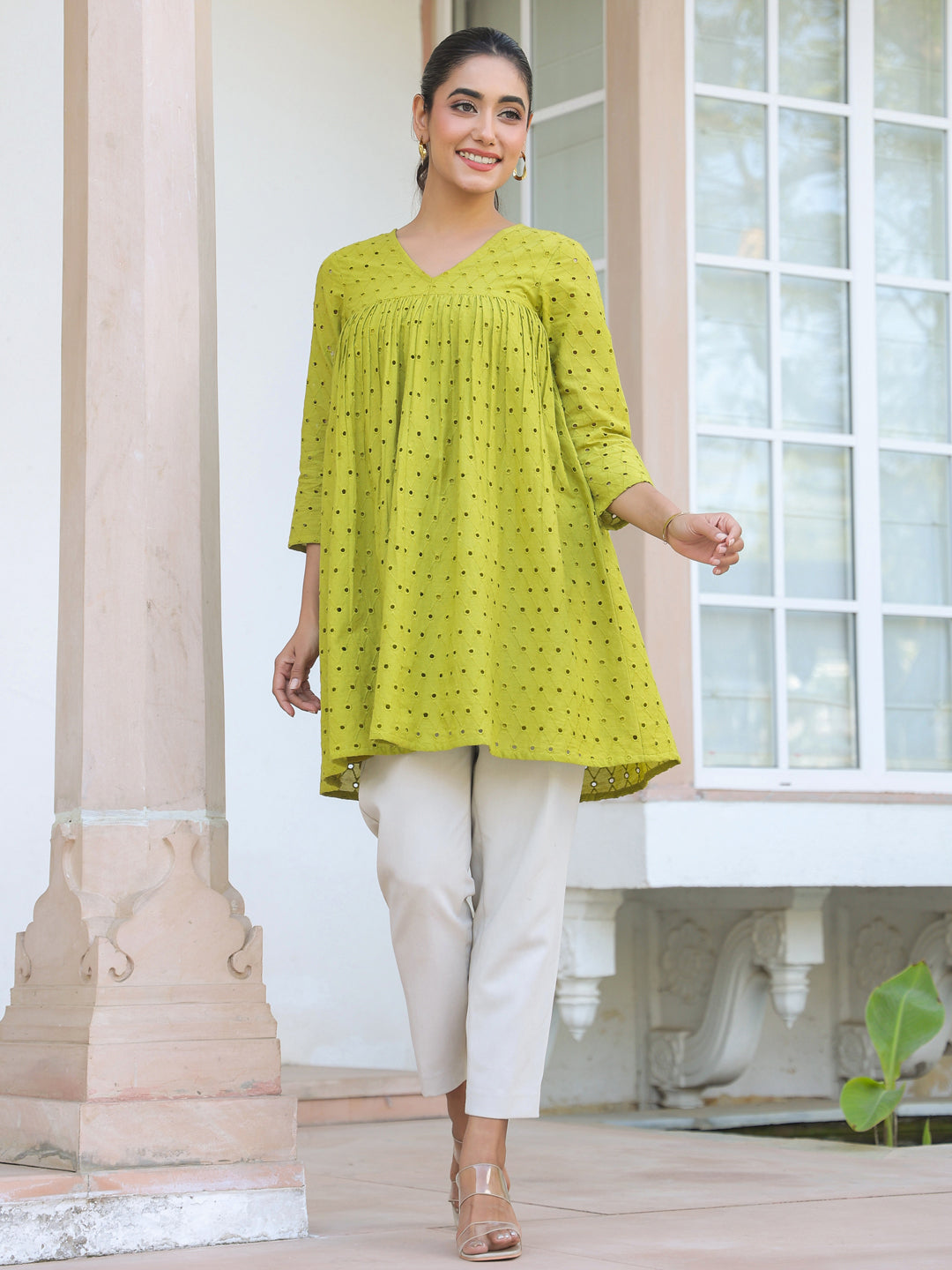 Janasya Women's Lime Green Pure Cotton Schiffli A-line Tunic