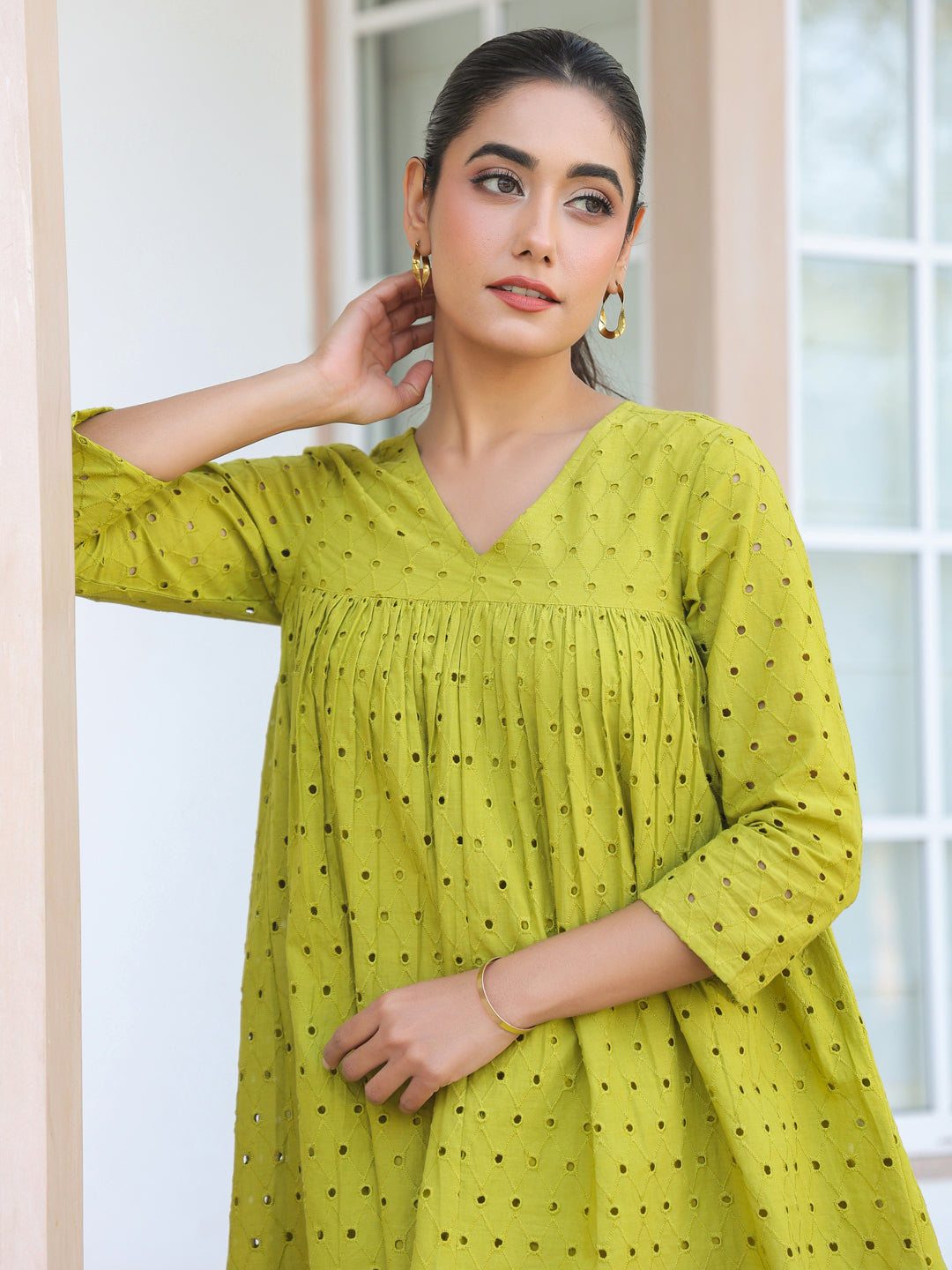 Janasya Women's Lime Green Pure Cotton Schiffli A-line Tunic