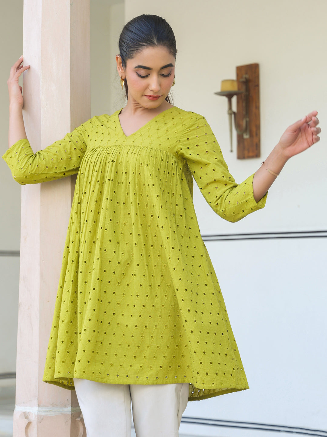 Janasya Women's Lime Green Pure Cotton Schiffli A-line Tunic