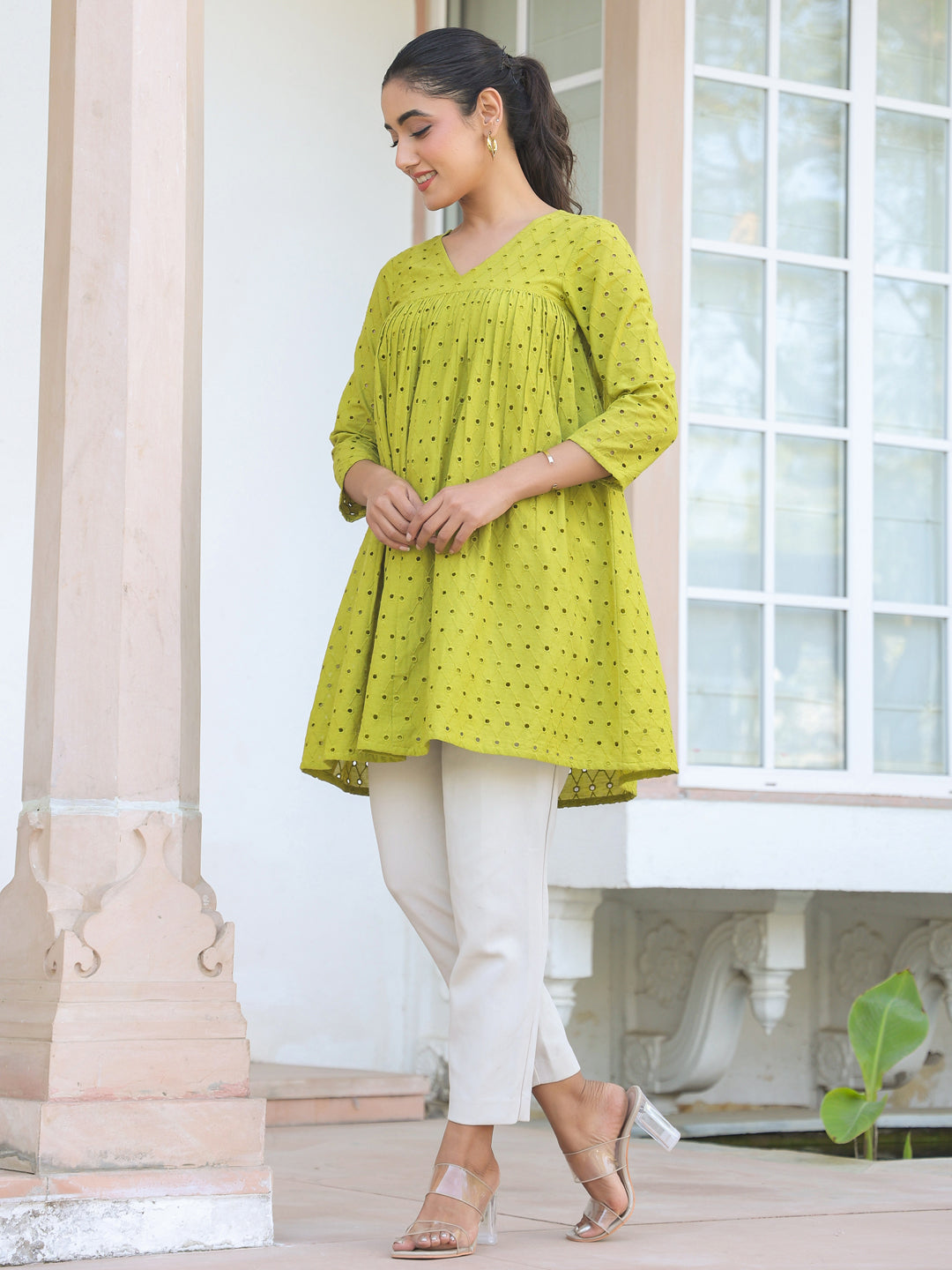 Janasya Women's Lime Green Pure Cotton Schiffli A-line Tunic