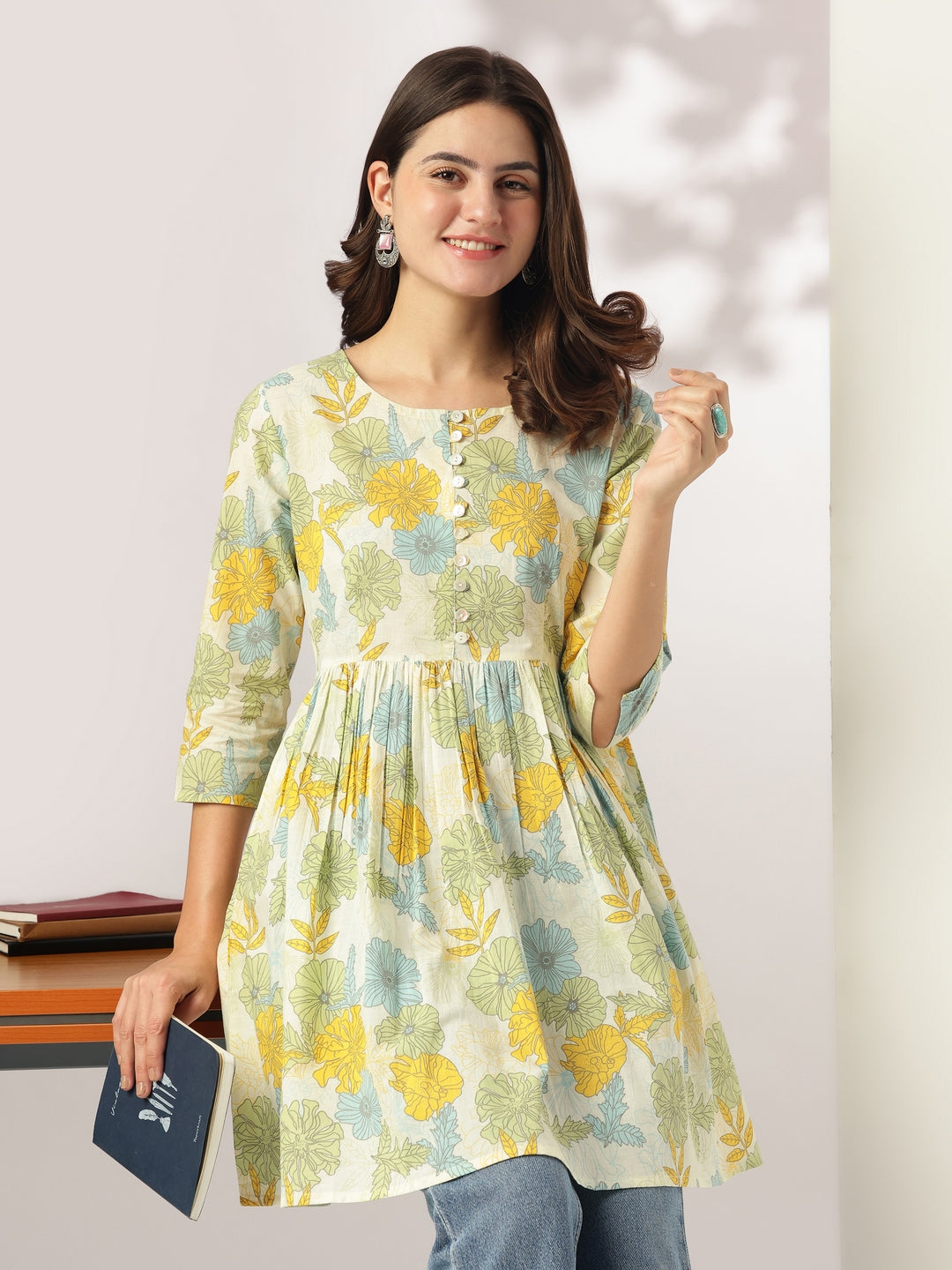 Off White Pure Cotton Floral Printed A-line Tunic