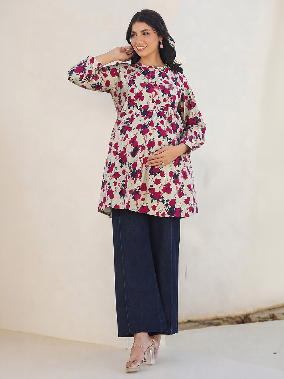 Janasya Women's Maternity Cream Pure Cotton Floral Printed A-Line Tunic