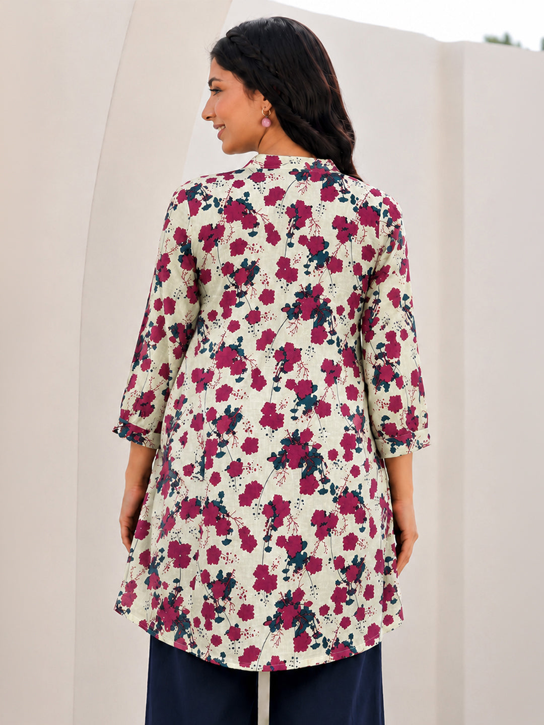 Janasya Women's Maternity Cream Pure Cotton Floral Printed A-Line Tunic