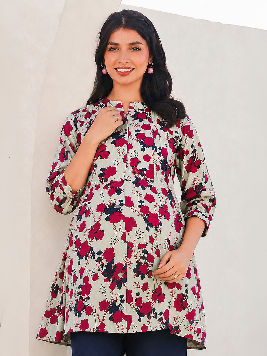 Janasya Women's Maternity Cream Pure Cotton Floral Printed A-Line Tunic