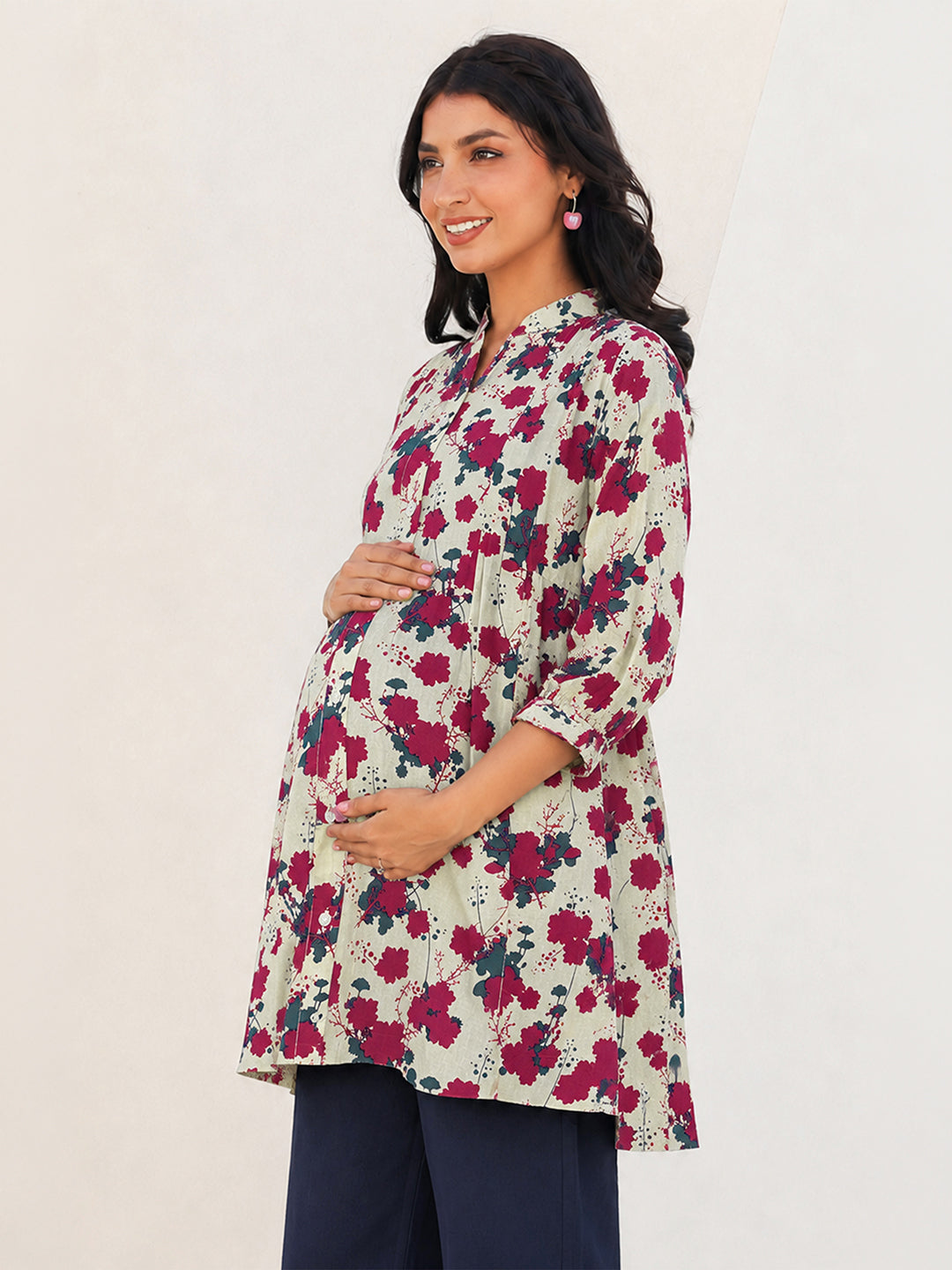 Janasya Women's Maternity Cream Pure Cotton Floral Printed A-Line Tunic